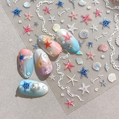 5D Embossed Starfish Seashell Nail Stickers - Summer Ocean Self-Adhesive Decals (2 Sheets)