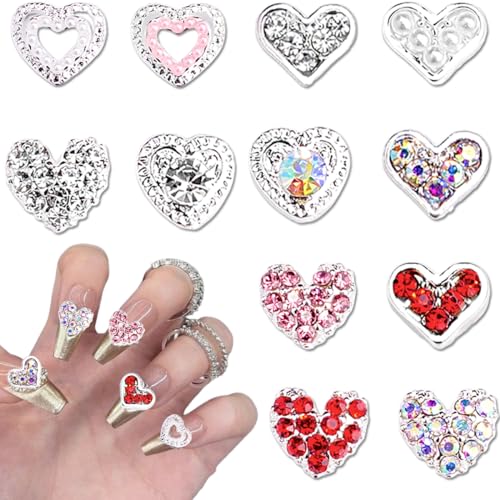 3D Heart Nail Charms Rhinestones Silver Alloy Crystal Gems 12Pcs