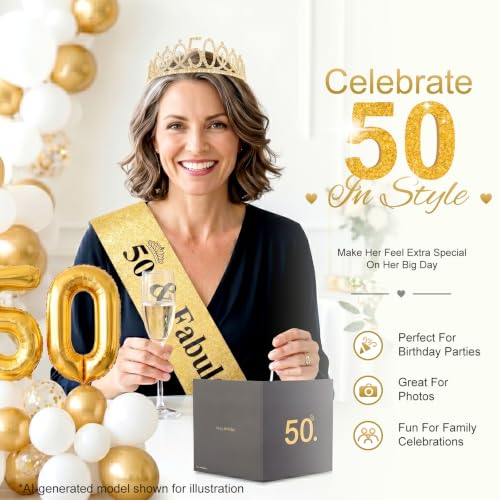 Gold 50th Birthday Decorations Set for Women | Tiara & Sash with Gift Box - SURIOO