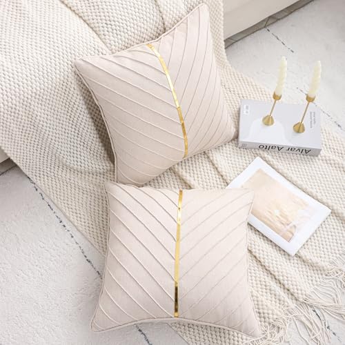 LUOYEHK Beige Linen Throw Pillow Covers Set of 2 18x18 Inch Modern Luxury Cushion Covers with Gold Leather Accent