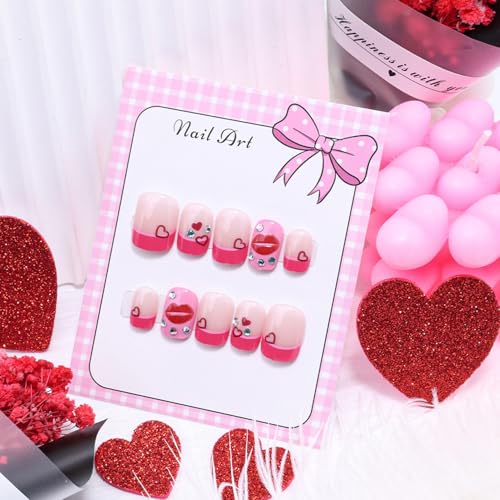 Valentine Press on Nails Short Square Pink Fake Nails with Heart and Lips
