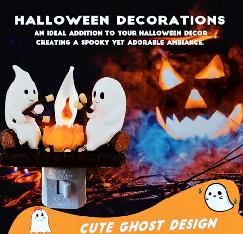 Ghosts Roasting Marshmallows Night Light with Flickering Flame - Halloween Plug-In Lamp - Snowman Christmas Tree Variation
