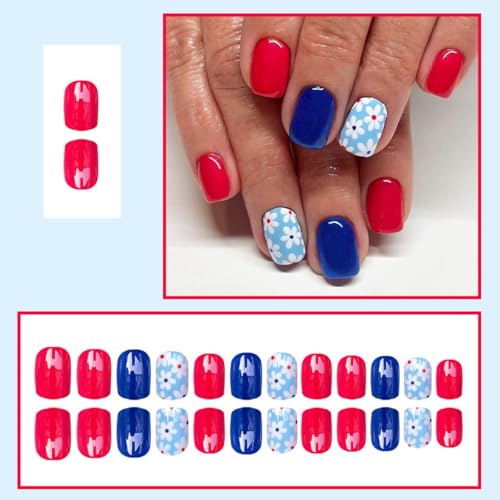 ZIFANHU Short Square Press On Nails Glossy Red Blue Floral Fake Nails