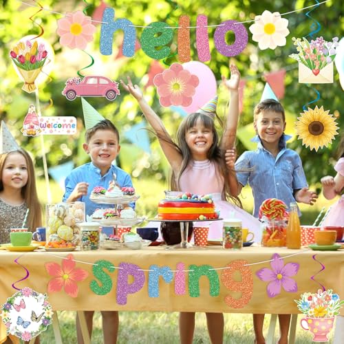 Hello Spring Decorations Set - Banner, Flowers & Butterfly Swirls