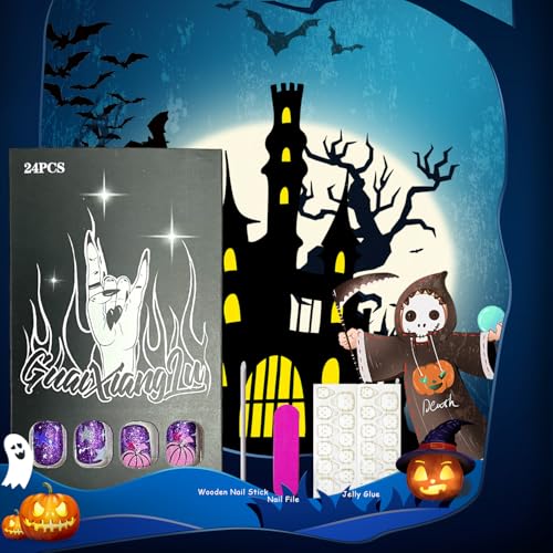 Halloween Press on Nails Short Square False Nails Purple Glitter
