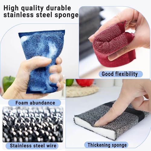 EdgeVue Steel Wool Scrubber Sponges, Multicolor 6-Pack - Non-Scratch Cleaning