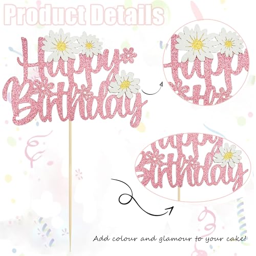Pink Glitter Daisy Cake Topper for Birthday Parties