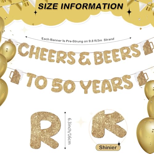 Cheers and Beers to 50 Years Gold Glitter Banner for 50th Birthday Party