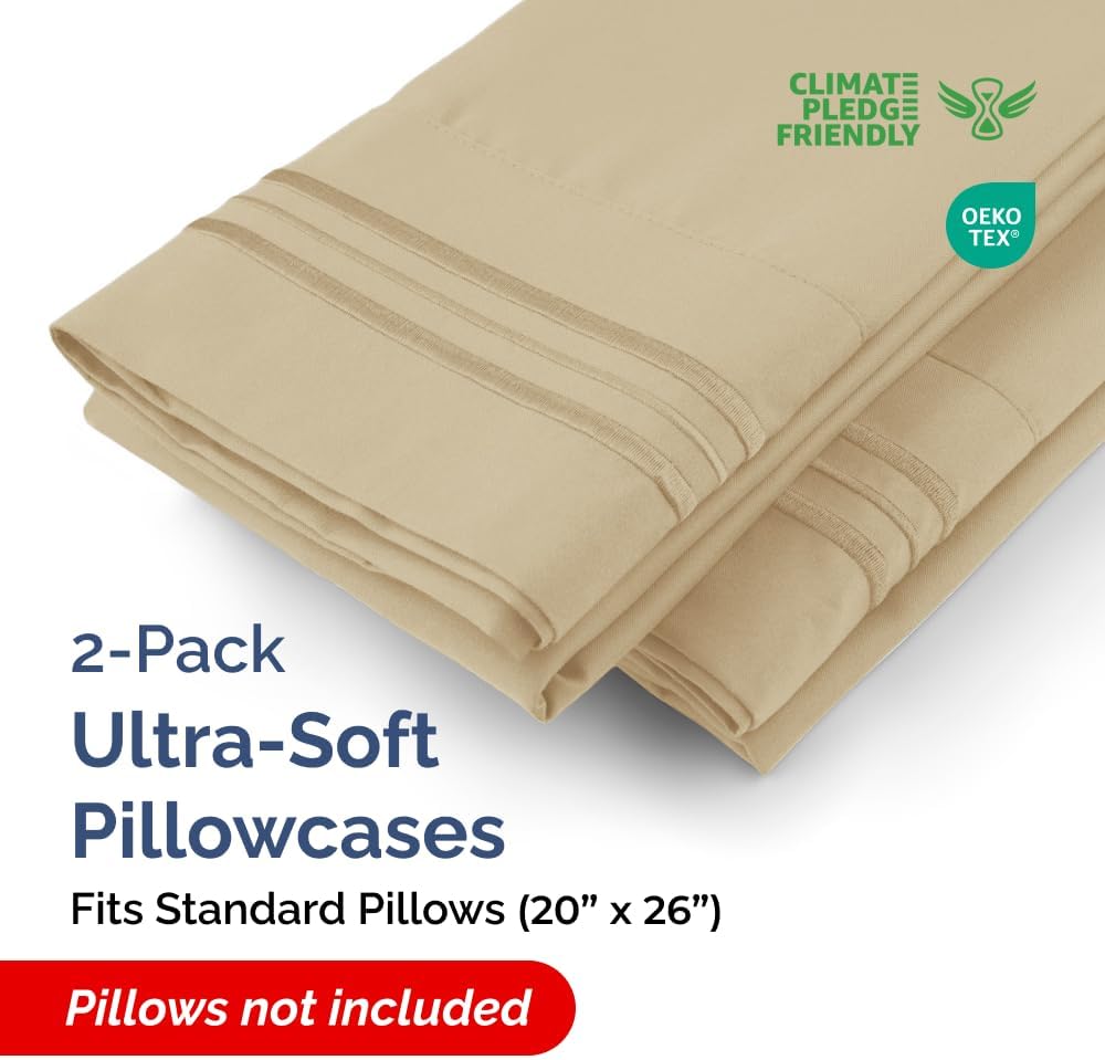 Standard Pillow Cases Set of 2 | Ultra-Soft Hotel Quality Covers - Comfy, Wrinkle-Free, Stain Resistant - Beige