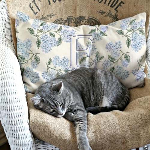 Personalized Blue Hydrangea Monogram Letter E Lumbar Pillow Cover 12x20