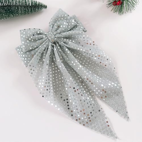 ZEYER Glitter Bow Claw Clip Silvery Hair Accessory for Women and Girls