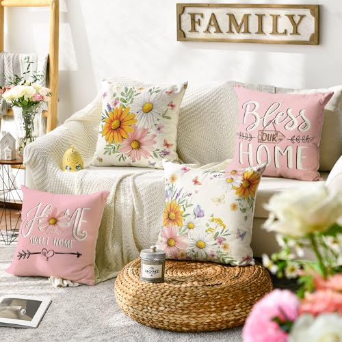 AVOIN colorlife Daisy Butterfly Throw Pillow Covers, 18x18 Pink, Set of 4