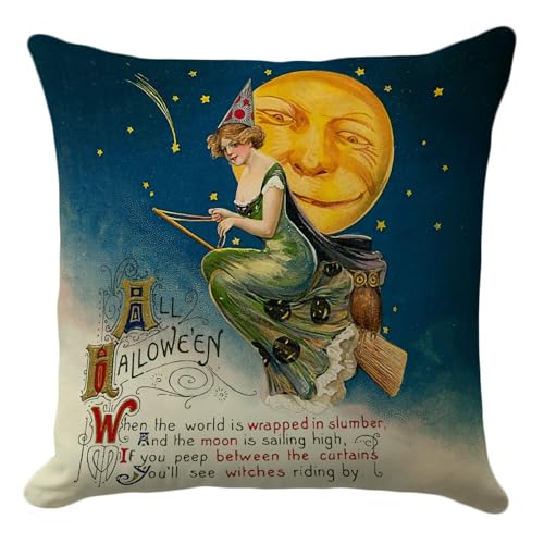 Vintage Halloween Throw Pillow Cover 18x18 Inch - Retro Witch & Moon Design