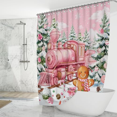Christmas Shower Curtain - Gingerbread Train Design, 71x71in