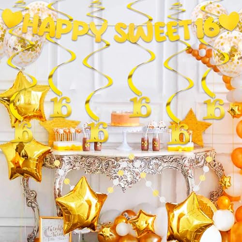 Happy Sweet 16 Birthday Banner & 6 Hanging Swirls Set