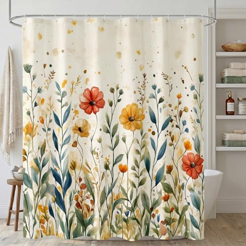 Boho Floral Shower Curtain - Vintage Beige Polyester Fabric, 72x72 Inch
