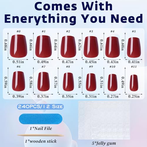 Short Press on Nails Burgundy Coffin Glossy False Nails 240pcs