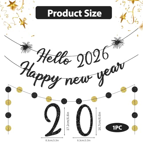 2026 Happy New Year Banner - Black Glitter Party Decoration