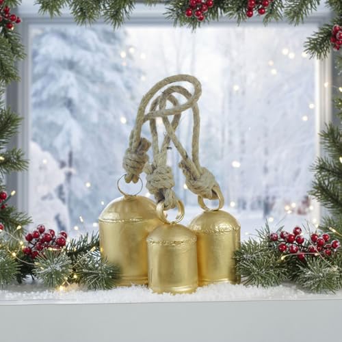 Christmas Hanging Large Cow Bells - Rustic Golden Metal Bells for Farmhouse, Garden & Holiday Décor (Medium 5”4”3” Inch)