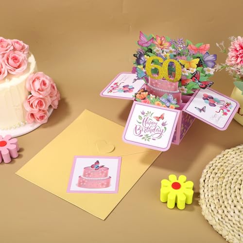 60th Birthday Pop-Up Card with Colorful Butterflies & Flowers