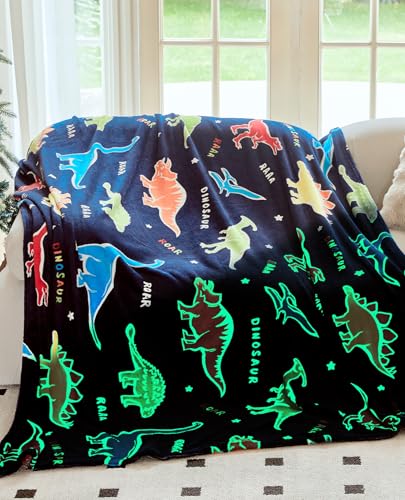 Glow in The Dark Dinosaur Blanket for Kids - Soft Cozy Throw, 60"x80"