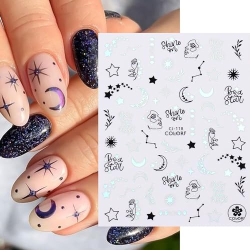 TBRZTR 8 Sheets Laser Silver Nail Art Stickers 3D Self-Adhesive Sun Moon Flower Decals