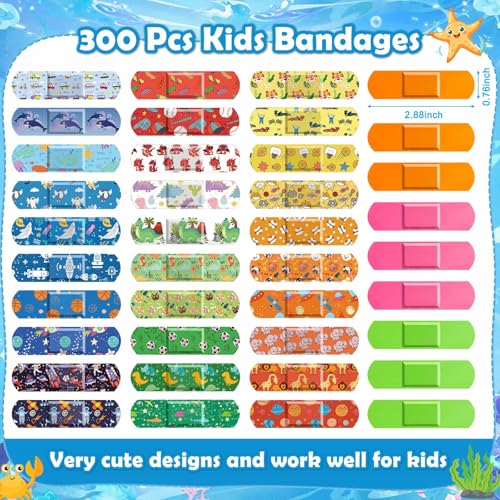 33 Style Kids Cartoon Bandages 300 Pcs Cute Bandages Adhesive Flexible Colorful Bandage Toddler Bandage Waterproof Breathable Protect Scrapes and Cuts for Girls Boys Children Toddlers (Cool)