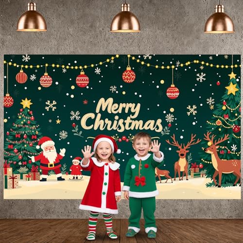 Merry Christmas Banner - Large 70.9x43.3in, Festive Xmas Decor with Santa & Reindeer