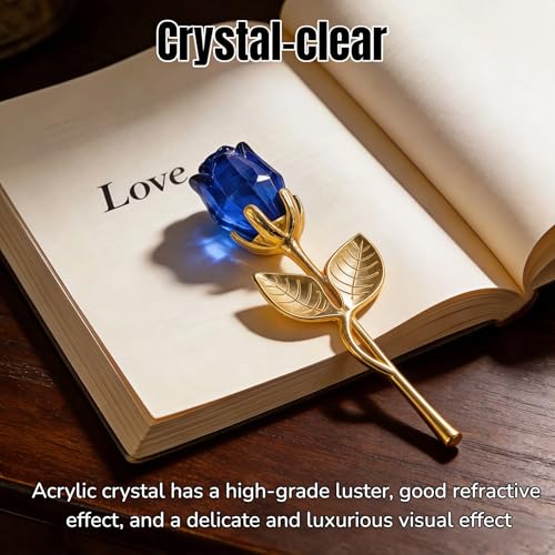 Blue Acrylic Crystal Rose with Gold Alloy Stem - Elegant Gift
