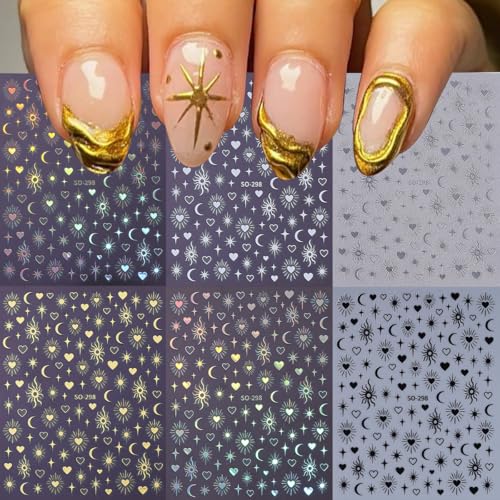 Star Nail Stickers 6 Sheets Self-Adhesive Laser Gold Silver Nail Decals