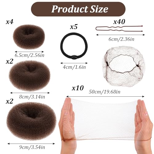 63Pcs Brown Hair Bun Maker Kit with Donut, Nets, Pins and Hair Ties