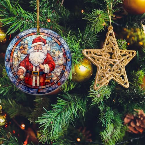 Santa Claus Ceramic Christmas Ornament - Double-Sided Stained Glass