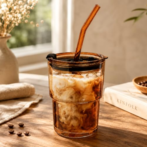 Olvini 13oz Glass Tumbler with Straw & Lid - Reusable Iced Coffee Cup