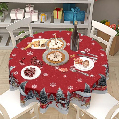 Kawani Christmas Snowman Red Round Tablecloth 60 Inch Holiday Decor