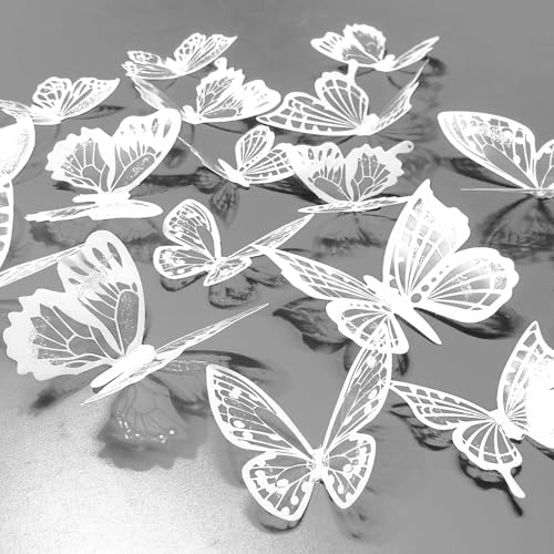 Ewong 3D White Butterfly Wall Decals, 108-Piece Set for Bedroom Decor