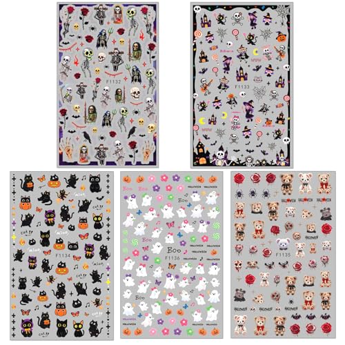 TailaiMei Halloween Nail Stickers - 5 Sheets Pumpkin & Bat Self-Adhesive Decals