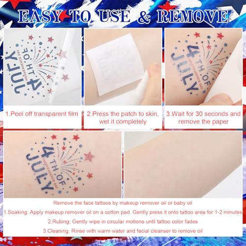 DUSCAU Patriotic Temporary Tattoos 152pcs - Red, White and Blue 4th of July Party Supplies