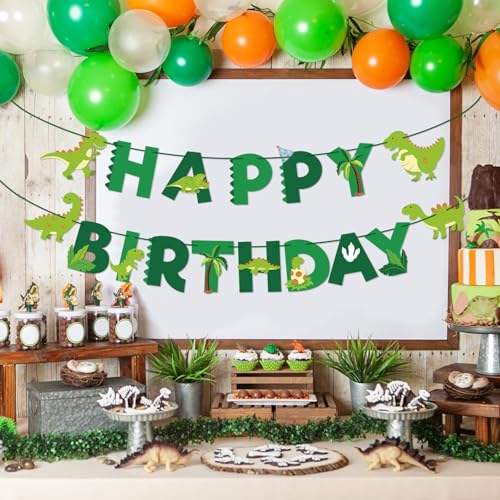 Dinosaur Birthday Banner with Cute Cards & Green Ribbon