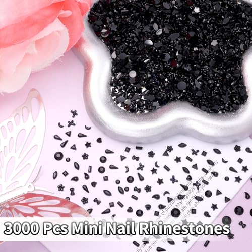 Black Nail Rhinestones 3000 Pcs Multi Shapes 3D Nail Gems Charms