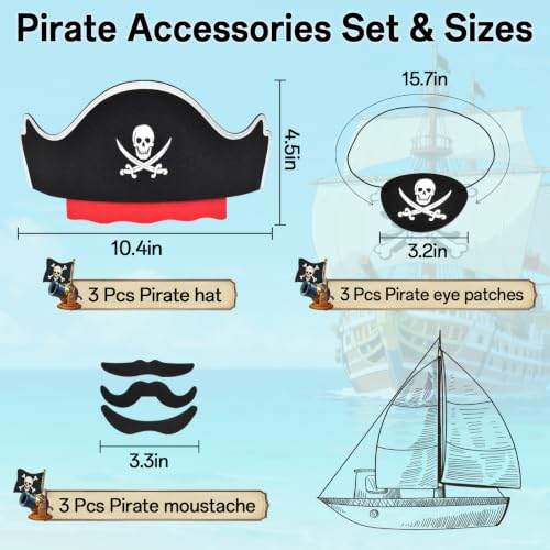 9 Pcs Pirate Hat Set for 3 Kids - Fun Accessories for Parties
