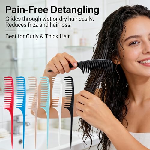 Viviyoo 6 Pack Wide Tooth Rat Tail Comb Set for Curly Hair & Styling