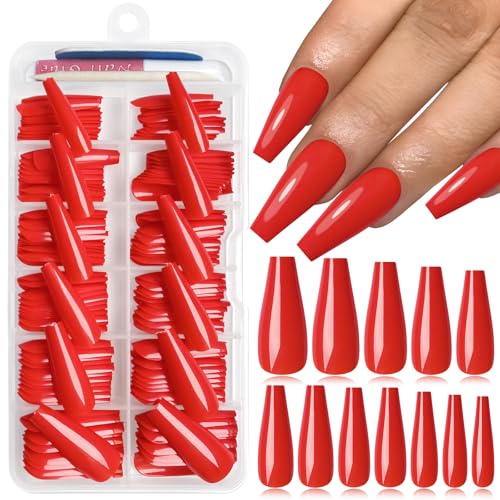 Lifextol Long Red Coffin Press On Nails Kit with Glue and Adhesive Tabs