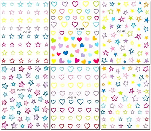 6 Sheets Colorful Star & Heart Nail Art Stickers 3D Self-Adhesive Decals