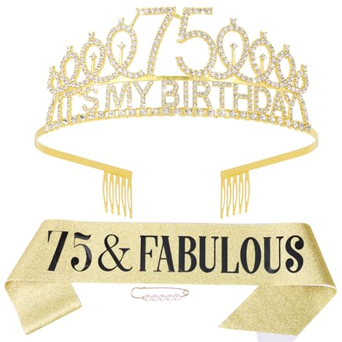 75th Birthday Decorations Set for Women: Gold Tiara and 75 & Fabulous Sash