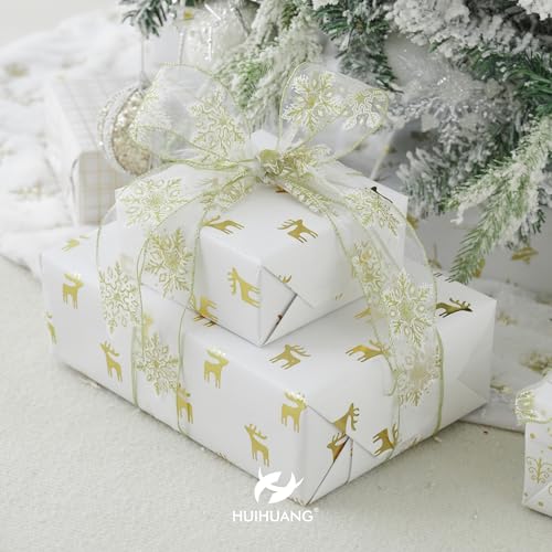 HUIHUANG 2.5" Gold Snowflake Wired Ribbon - 25 Yards for Christmas Decor