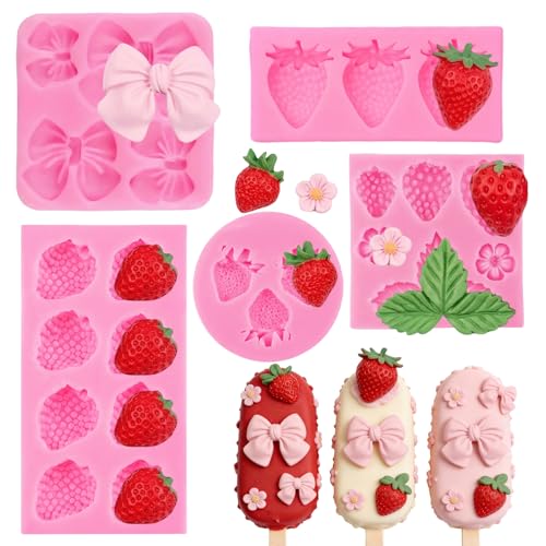 5-Piece Strawberry & Bow Silicone Fondant Molds for Cake Decorating
