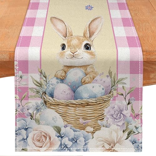 Easter Table Runner Watercolor Bunny Rabbit Eggs 13x72 Inch