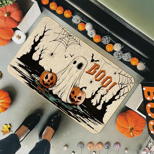 Halloween Doormat with Pumpkins & Ghosts - Non-Slip Rubber Backing, 17x29 Inch