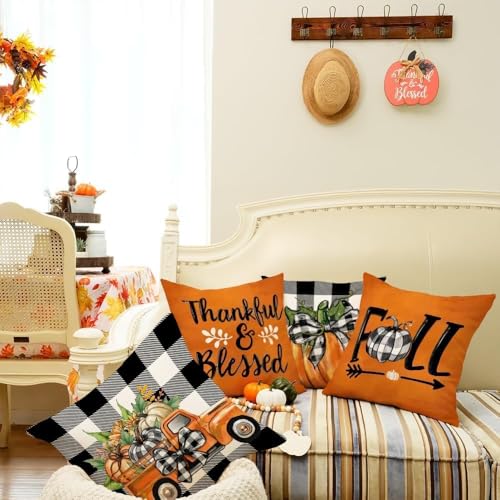 GEEORY Fall Buffalo Plaid Pumpkin Throw Pillow Covers 18" x 18" (Set of 4, Orange)