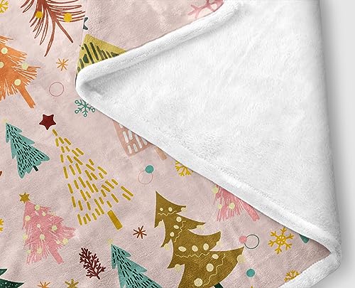 Kids Christmas Fleece Throw Blanket - Pink Cartoon Tree Holiday 50x60in - Multi3